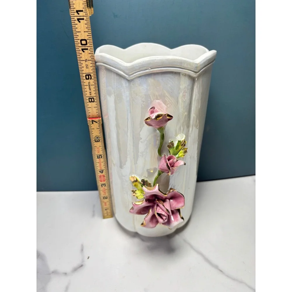 Vintage Capodimonte Italy Iridescent Pearl Vase Pink 3D Roses Gold Trim 10 inch